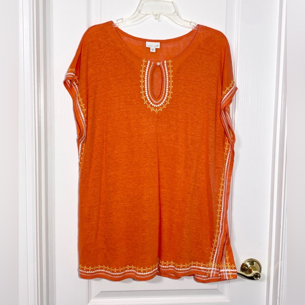 J.Jill Love LINEN Embroidered Short Sleeve Knit Tunic Top Orange Medium